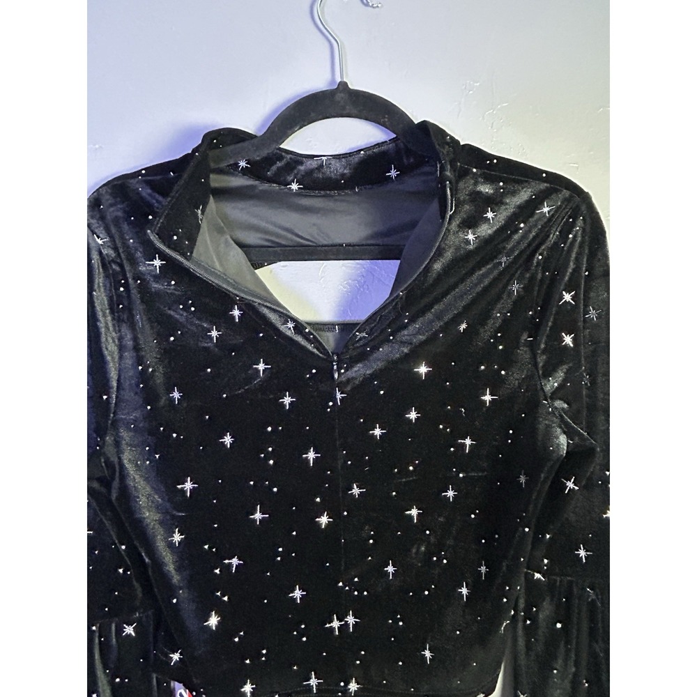 Cider Black Velvet Star Bell Sleeve Crop Top Celestial Whimsy Goth Women's L - Picture 2 of 11